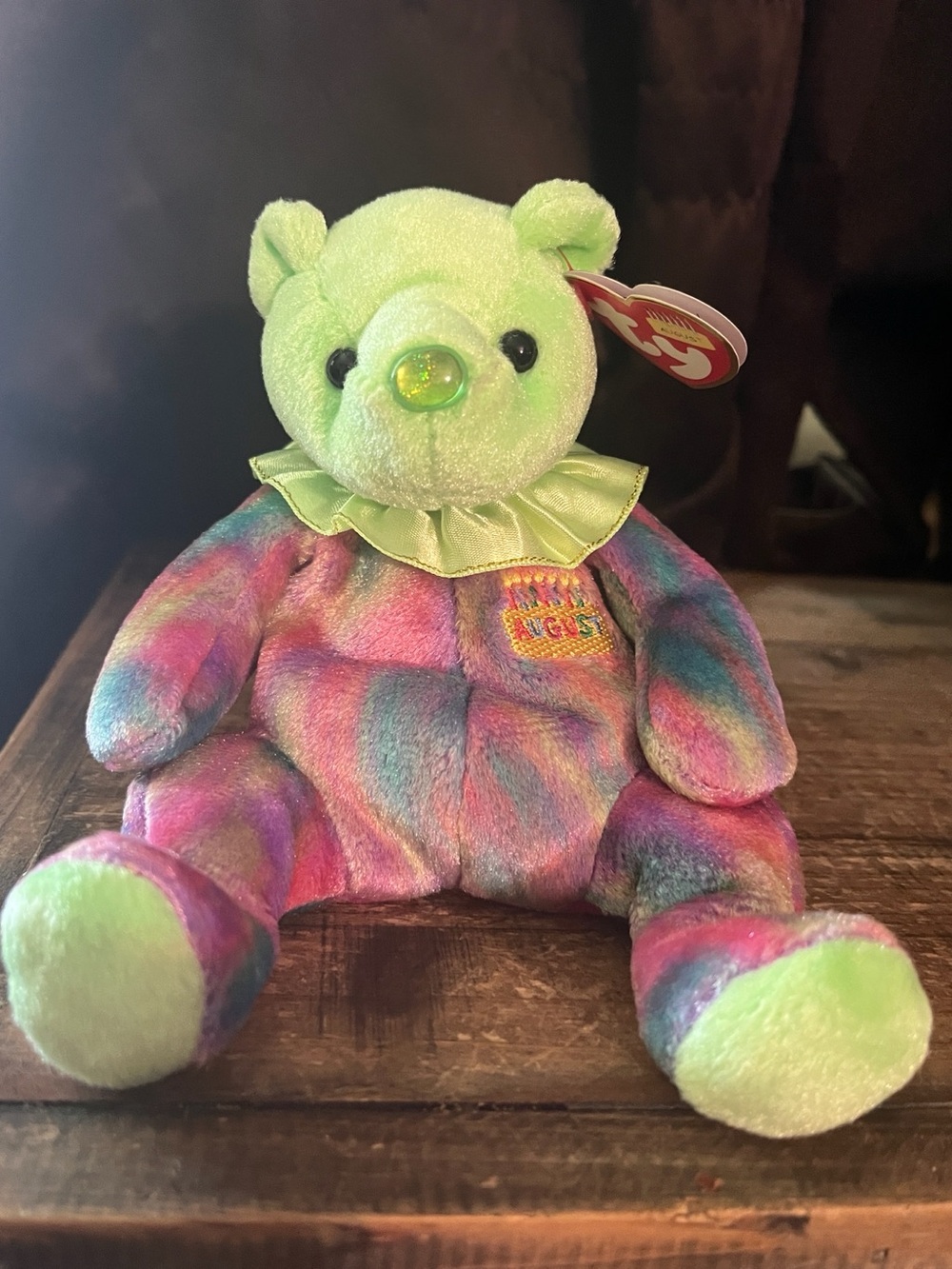 Ty August Birthday Beanie Baby “Peridot” Tie-Dye Plush Bear